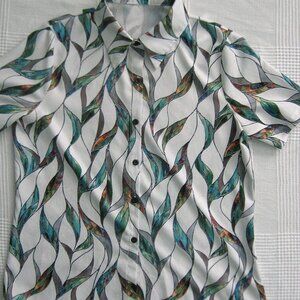 Women Camp Hawaiian Shirt Button Down Aloha Top Tropical Teal Green Multi MEDIUM